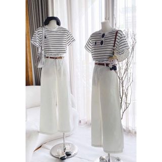 [SHOPPUMI] Set pull trắng sọc đen thêu ngựa kèm quần suông trắng có sẵn belt SM Pumi 16345