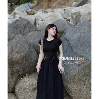 [SHOPPUMI] Đầm đen dáng xòe tay ngắn kèm belt freesize Pumi 16153