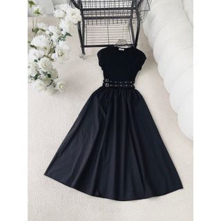 [SHOPPUMI] Đầm đen dáng xòe tay ngắn kèm belt freesize Pumi 16153