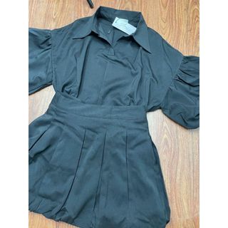 Sét Váy Áo Croptop Tay Phồng Chun Cổ Bẻ Mix Chân Váy Bí Phồng Chất Vải Xước Thái -V027-189 STORE