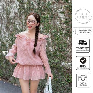 Set áo váy trễ vai kèm quần bảo hộ, đũi tơ trễ vai bèo rủ cho cac nang di choi cafe-189STORE -V175