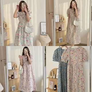 [SHOPPUMI] Đầm midi hoa tay bồng ngắn dây cột eo form dài cổ tròn 4 màu freesize Pumi 15733