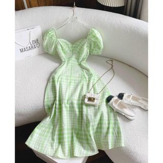 [SHOPPUMI] Đầm linen caro xanh cổ tim tay ngắn dáng xoè freesize Pumi 15534