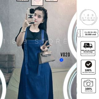 Bộ Váy Jean Mềm Yếm Dây Phối Áo  thun Đen Váy dài  - 189 STORE- V014