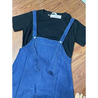 Bộ Váy Jean Mềm Yếm Dây Phối Áo  thun Đen Váy dài  - 189 STORE- V014