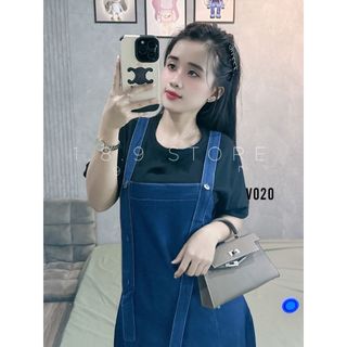 Bộ Váy Jean Mềm Yếm Dây Phối Áo  thun Đen Váy dài  - 189 STORE- V014