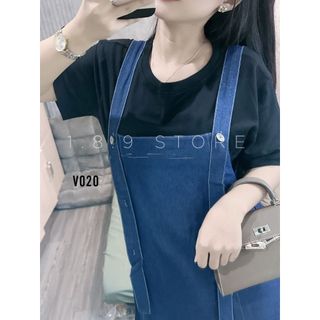 Bộ Váy Jean Mềm Yếm Dây Phối Áo thun Đen Váy dài - 189 STORE- V014
