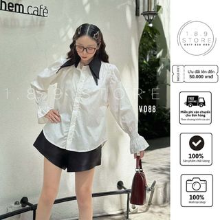 Set Áo Sơ Mi kiểu dáng Nữ Trắng Đính Đá Dài Tay Phối Cổ Đen Tay Chun Phom Rộng -189 STORE-V088