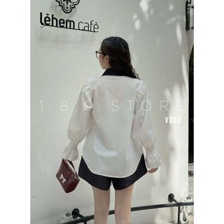 Set Áo Sơ Mi kiểu dáng Nữ Trắng Đính Đá Dài Tay Phối Cổ Đen Tay Chun Phom Rộng -189 STORE-V088