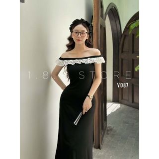 Váy Thun Zip Body Trễ Vai Viền Thô Bèo Ren Ngực Dáng Dài Dành Cho Nữ Phong Cách-189 STORE-V087