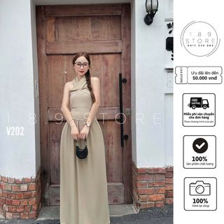 Váy đầm cổ yếm trơn dáng dài chất thun dày dặn có mút ngực màu ghi đen cho các nàng thơ - 189STORE - V202
