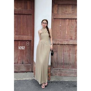 Váy đầm cổ yếm trơn dáng dài chất thun dày dặn có mút ngực màu ghi đen cho các nàng thơ - 189STORE - V202