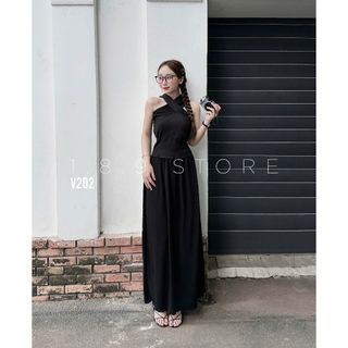 Váy đầm cổ yếm trơn dáng dài chất thun dày dặn có mút ngực màu ghi đen cho các nàng thơ - 189STORE - V202