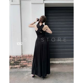 Váy đầm cổ yếm trơn dáng dài chất thun dày dặn có mút ngực màu ghi đen cho các nàng thơ - 189STORE - V202