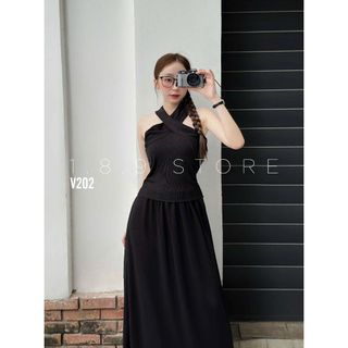 Váy đầm cổ yếm trơn dáng dài chất thun dày dặn có mút ngực màu ghi đen cho các nàng thơ - 189STORE - V202
