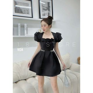 Đầm ngắn thiết kế thời trang nữ chất Tapa Đính đá eo tay phông kèm hoa ở giữa sang trẻ-189STORE-V134