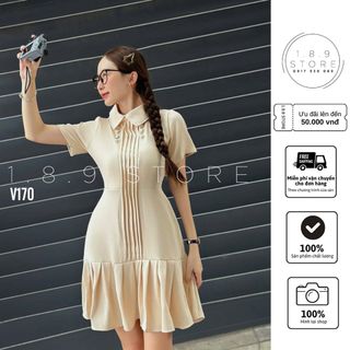 Đầm cổ sen đính cúc phối chân xếp ly tiểu thư sang chảnh cho cac nang tho di choi - 189STORE - V170
