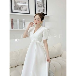 Đầm dự tiệc thời trang nữ sang trọng chất tapta cổ V tay ngắn cột dây eo dáng váy cườm-189STORE-V133