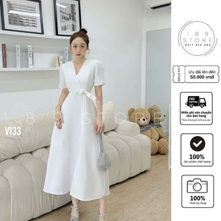 Đầm dự tiệc thời trang nữ sang trọng chất tapta cổ V tay ngắn cột dây eo dáng váy cườm-189STORE-V133