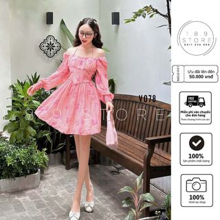 Đầm Tay Bồng Dài, Cúp Ngực Mix Dáng Váy Xòe Ngắn Tầng Phối Dây Yếm Cổ Họa Tiết Hoa -189 STORE-V078