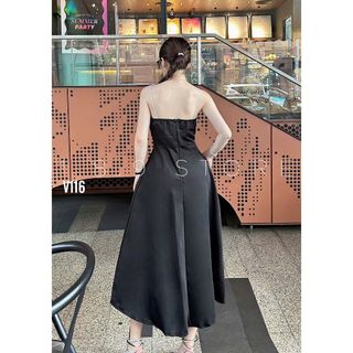 Đầm Váy Dự Tiệc Cưới Màu Đen Tapta 2 Dây, Đầm Dây Bản Nhỏ Xẻ Tà Qua Gối -V116-189 STORE