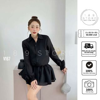 Set váy sơ mi tay dài tay túi ngực basic chân váy xếp ly ngắn xòe bồng bềnh sáng chảnh-189STORE-V167