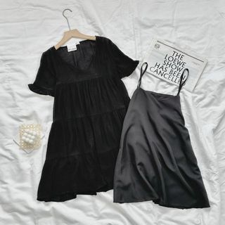 [SHOPPUMI] Đầm BBD dáng xòe tay ngắn nút cài sau nhiều màu freesize Pumi 16136