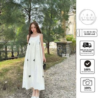 Váy hai dây dáng dài 2 lớp họa tiết nơ có khuy điều chỉnh, váy maxi 2 dây đi biển  - 189STORE - V130