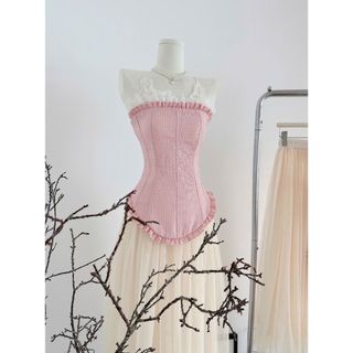 [SHOPPUMI] Set áo 2s corset hồng có tăng đơ viền ren kèm chân váy kem voan lưng thun có khóa hông SM Pumi 16338