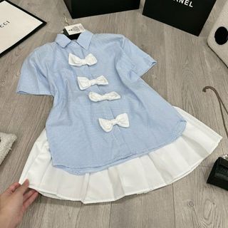 Áo sơ mi ngắn tay Khuy Nơ Mix chân váy xếp ly, thô mềm mịn thoáng mát -V039 -189 STORE
