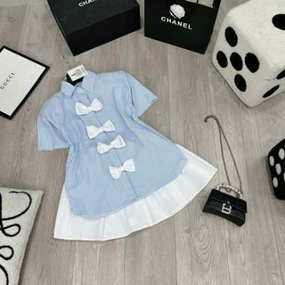 Áo sơ mi ngắn tay Khuy Nơ Mix chân váy xếp ly, thô mềm mịn thoáng mát -V039 -189 STORE