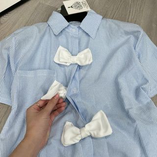 Áo sơ mi ngắn tay Khuy Nơ Mix chân váy xếp ly, thô mềm mịn thoáng mát -V039 -189 STORE