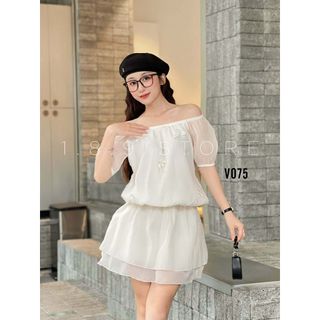 Đầm Trễ Vai Voan Tơ Tay Bồng Đính Nơ Nhún Thun Eo Chân Váy Liền Thân Dáng Bí-189 STORE-V075