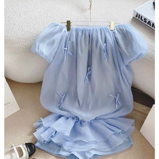 Đầm Trễ Vai Voan Tơ Tay Bồng Đính Nơ Nhún Thun Eo Chân Váy Liền Thân Dáng Bí-189 STORE-V075