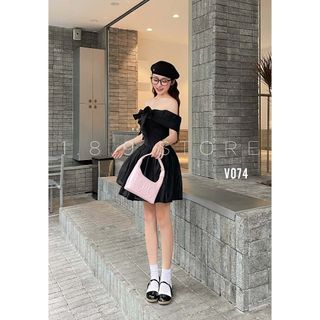 Đầm Thiết Kế Bánh Bèo Trễ Vai Đính Nơ Hoa To Giữa Ngực Dáng Xòe Tôn Dáng-189 STORE-V074