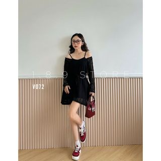 Set Váy Body Thun Ren Lưới Trễ Vai Đan Dây Eo Lưng Tay Dài Loe Kèm Lót Chất Lượng-189 STORE-V072