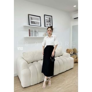 Set sơ mi chân váy áo sơ mi nữ tay ngắn đính hoa kèm chân váy công sở dài di lam  - 189 SRORE - V161