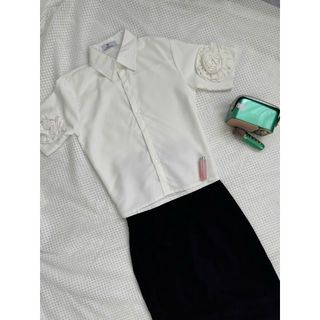 Set sơ mi chân váy áo sơ mi nữ tay ngắn đính hoa kèm chân váy công sở dài di lam - 189 SRORE - V161