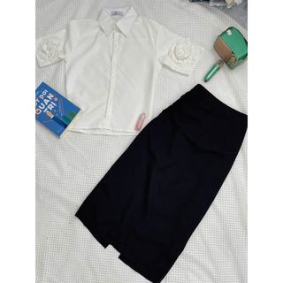 Set sơ mi chân váy áo sơ mi nữ tay ngắn đính hoa kèm chân váy công sở dài di lam - 189 SRORE - V161