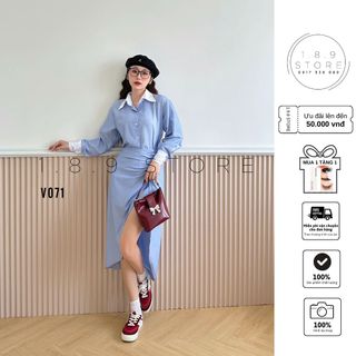 Set Áo Sơ Mi Kẻ Sọc Tay Dài Mix Chân Váy Xẻ Tà Cách Điệu Dáng Đuôi Tôm Thanh Lịch -189 STORE-V071