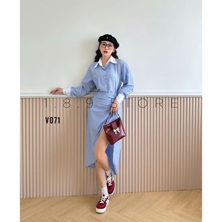 Set Áo Sơ Mi Kẻ Sọc Tay Dài Mix Chân Váy Xẻ Tà Cách Điệu Dáng Đuôi Tôm Thanh Lịch -189 STORE-V071