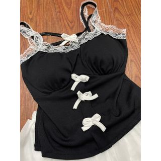 Set váy mini chất thun gân phối ren áo 2 dây cổ vuông đính nơ mix chân váy xòe voan - 189STORE -V124