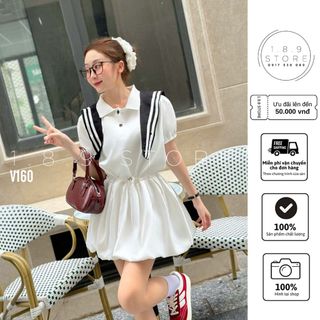 Jum thủy thù rút eo có bè phối cúc tay phồng, dây rút điều chỉnh eo phối khăn thủy thủ-189STORE-V160
