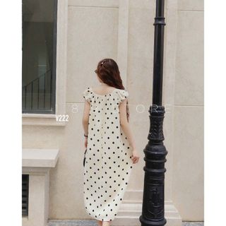 Váy trễ vai chấm bi tiểu thư chất đũi xước phong cách nữ thời trang dễ thương bánh bèo-189STORE V222