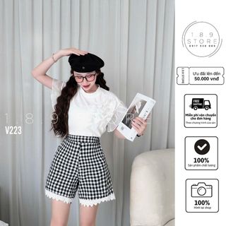 Set áo sơ mi bèo tay mix họa tiết quần caro short kẹp ren năng động xinh xắn đi cafe  -189STORE-V223