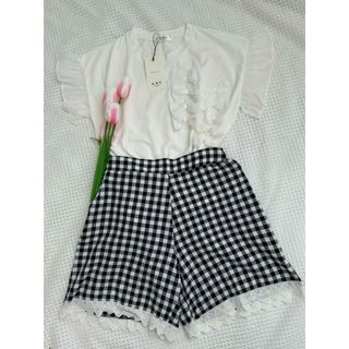 Set áo sơ mi bèo tay mix họa tiết quần caro short kẹp ren năng động xinh xắn đi cafe  -189STORE-V223