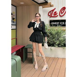 Váy tơ nối liền cổ, có nơ tơ ngực tay bồng dài cho các nàng thơ xinh đi chơi hoặc cafe-V122-189STORE