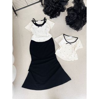 [SHOPPUMI] Set đầm 2s đen dáng dài kèm áo pull bi nơ freesize Pumi 16208