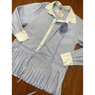 Váy sơ mi dáng nữ dài tay đính hoa ngực mix váy xếp ly liền thân cho các nàng đi cafe -V123-189STORE