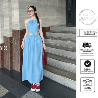 Đầm Dự Tiệc Chất Lụa Cổ Yếm Nơ Hoa Ngực Không Tay Xẻ Eo Và Lưng Dáng Váy Dài Maxi-189 STORE-V108
